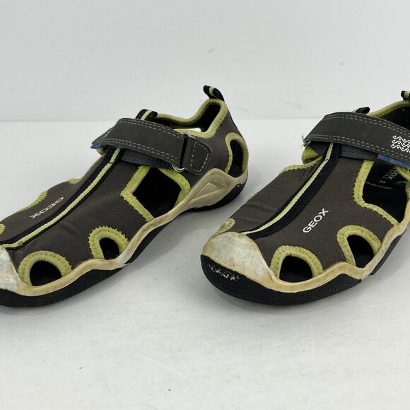 Geox Respira Kids Sandals Size 1 EU 32 Gray Green Round Toe Hook Loop Flat Heel - Picture 2 of 6